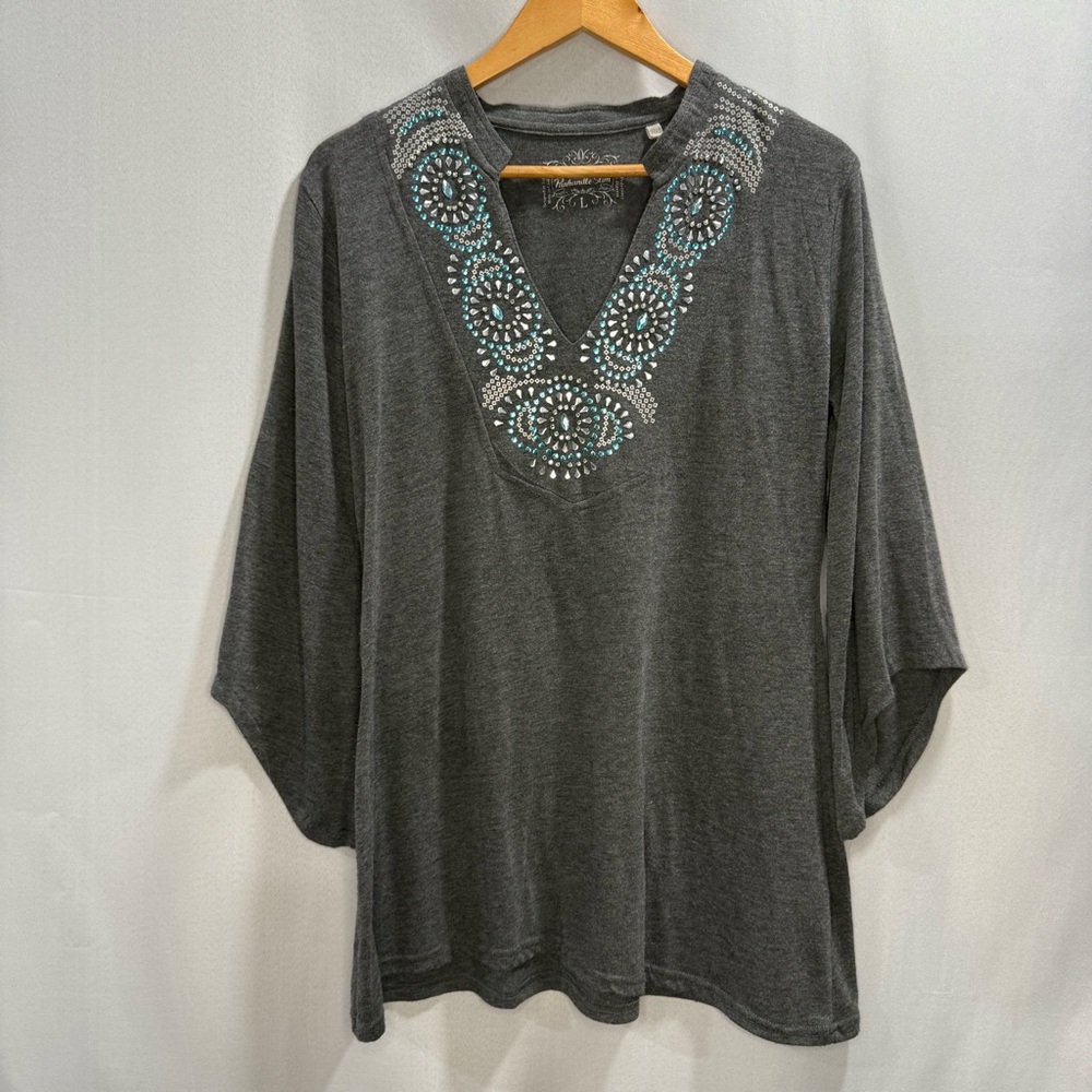 Panhandle Slim Embellished Gray 3/4 Sleeve Top Size Large